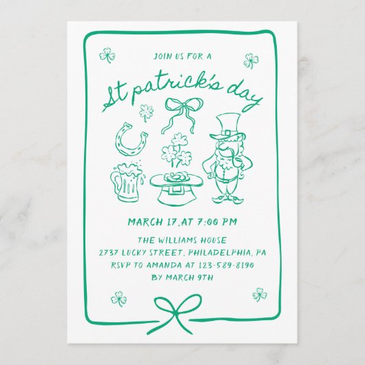 Hand Drawn Scribble Doodles Bow St Patrick's Day  招待状 (正面)