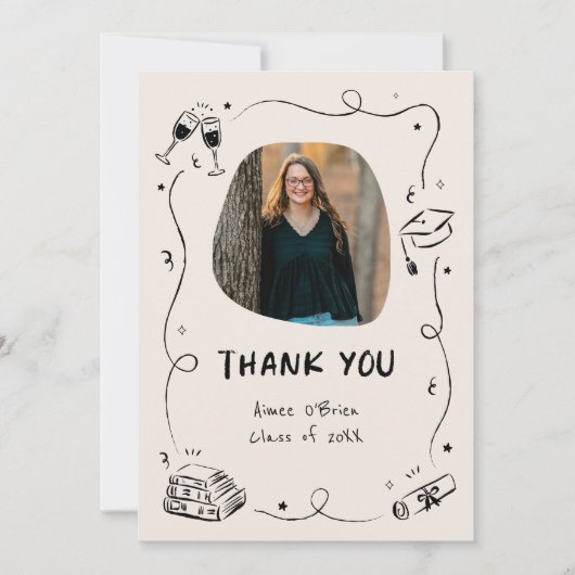 Hand-Drawn Scribble Doodles Graduation サンキューカード (正面)