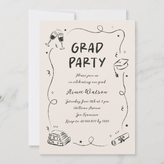 Hand-Drawn Scribble Doodles Graduation Party  招待状 (正面)