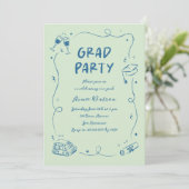 Hand-Drawn Scribble Doodles Graduation Party Green 招待状 (スタンド正面)