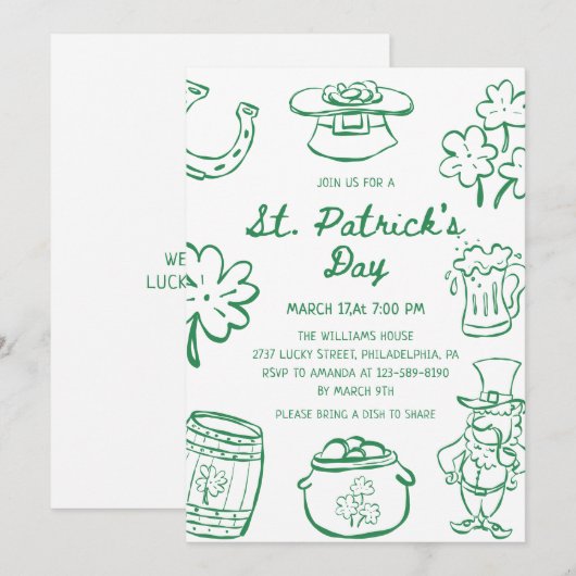 Hand Drawn Scribble Doodles St Patrick's Day Invit 招待状 (正面/裏面)