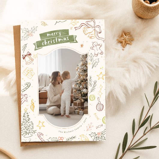 Hand Drawn Scribble Family Kid Photo Christmas シーズンカード