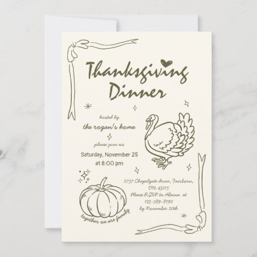 Hand Drawn Scribble Pumpkin Turkey Thanksgiving  招待状 (正面)