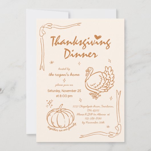 Hand Drawn Scribble Pumpkin Turkey Thanksgiving  招待状 (正面)