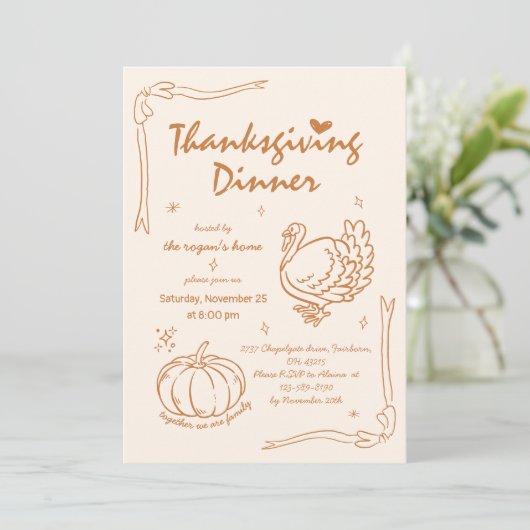 Hand Drawn Scribble Pumpkin Turkey Thanksgiving 招待状 (スタンド正面)