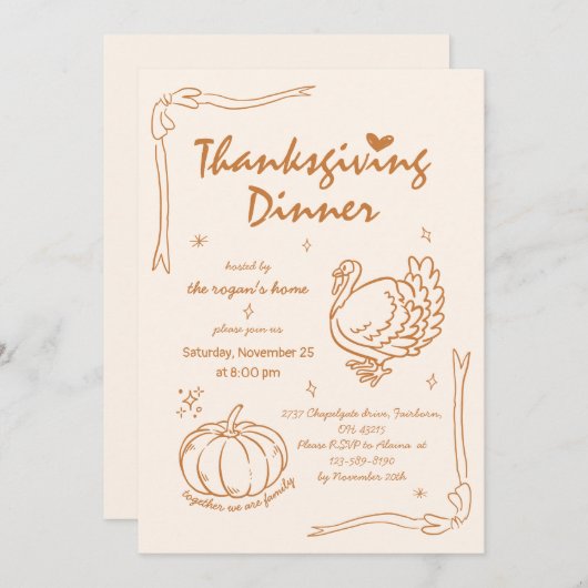 Hand Drawn Scribble Pumpkin Turkey Thanksgiving  招待状 (正面/裏面)