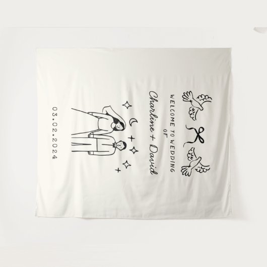 Hand Drawn Scribble Wedding Welcome タペストリー (正面(横))