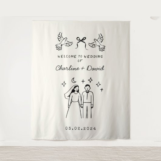 Hand Drawn Scribble Wedding Welcome タペストリー (正面)