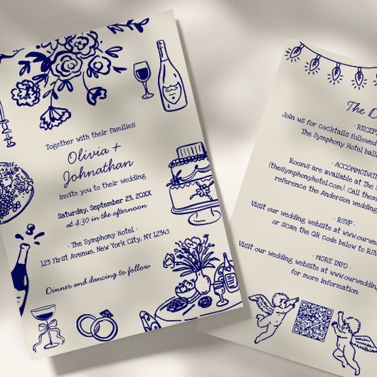 Hand Drawn Scribbles/Doodles All-In-One Wedding 招待状