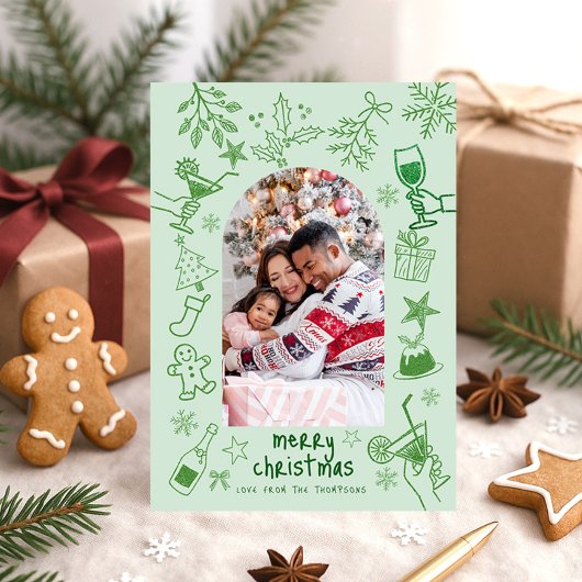 Hand Drawn Scribbly Glitter Green Merry Christmas  招待状