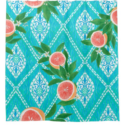 Hand drawn seamless pattern with grapefruit leaves シャワーカーテン (正面)