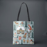Hand drawn seamless vintage pattern with cute fore トートバッグ<br><div class="desc">Hand drawn seamless vintage pattern with cute forest animals. Winter woodland repetitive wallpaper with deer,  fox,  bird,  chalet,  flowers and ski on light blue background.</div>