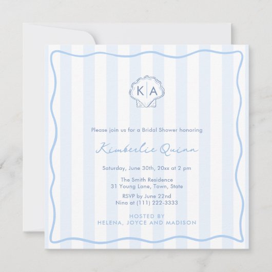 Hand-Drawn Seashell Monogram Coastal Bridal Shower 招待状 (正面)