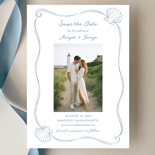 Hand Drawn Seashell Simple Blue Coastal Wedding セーブザデート