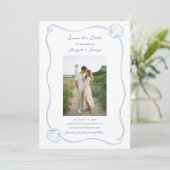 Hand Drawn Seashell Simple Blue Coastal Wedding セーブザデート (スタンド正面)