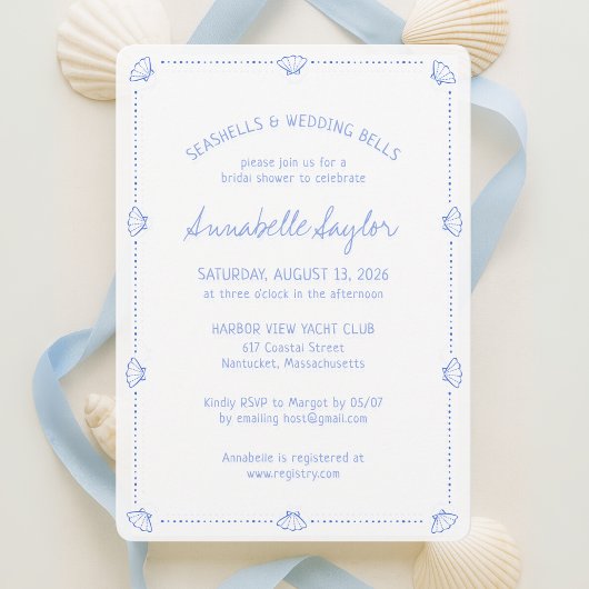 Hand Drawn Seashells & Wedding Bells Bridal Shower 招待状