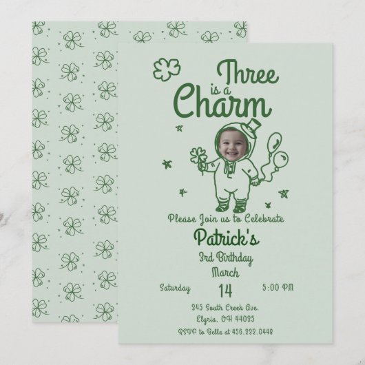 Hand Drawn Shamrock Any Age with Photo Birthday 招待状 (正面/裏面)