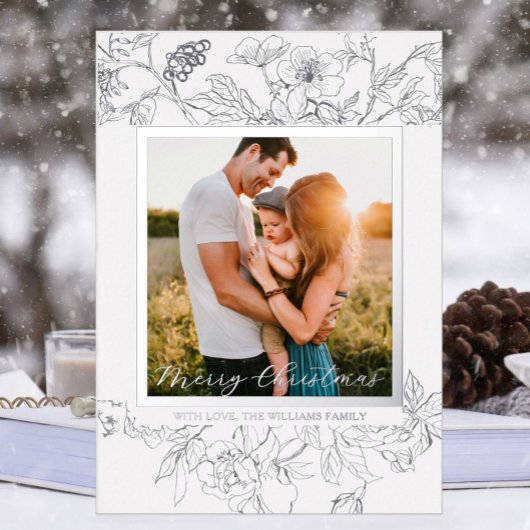 Hand Drawn Silver & White Floral Christmas 箔シーズンカード