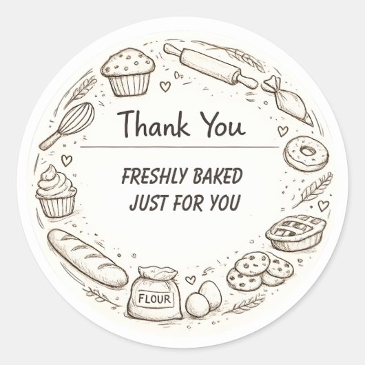 Hand-Drawn Sketch bakery Thank You ラウンドシール (正面)