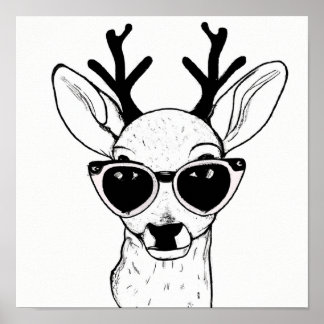 Hand drawn sketch of deer wearing glasses ポスター