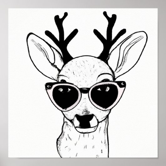 Hand drawn sketch of deer wearing glasses ポスター (正面)