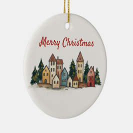 Hand-Drawn Snowy Village Art セラミックオーナメント
