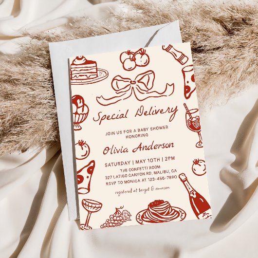 Hand Drawn Special Delivery Pizza Baby Shower 招待状