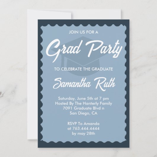 Hand Drawn Squiggly Frame Navy Graduation Party 招待状 (正面)