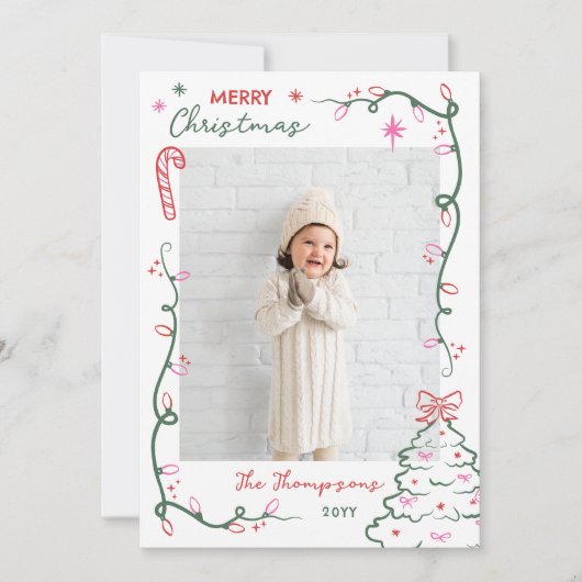 Hand-Drawn String Lights & Tree Merry Christmas シーズンカード (正面)