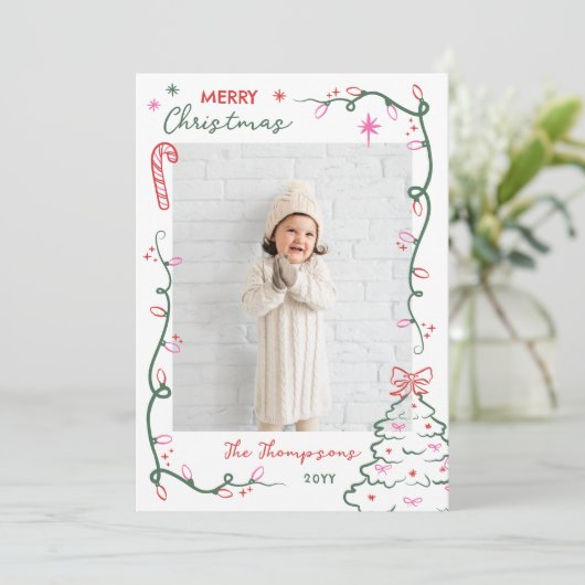 Hand-Drawn String Lights & Tree Merry Christmas シーズンカード (スタンド正面)