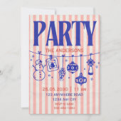Hand Drawn striped blue pink christmas party 招待状 (正面)