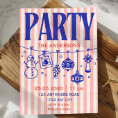 Hand Drawn striped blue pink christmas party 招待状