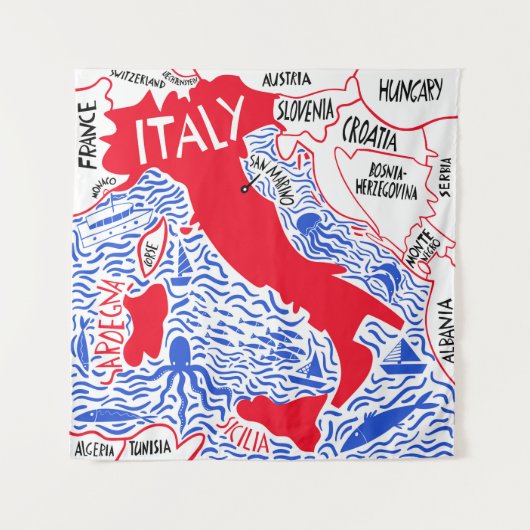 hand drawn stylized map of Italy. Travel illustrat タペストリー (正面)