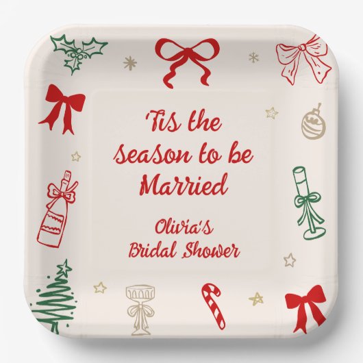 Hand Drawn Tis the Season Christmas Bridal Shower  ペーパープレート (正面)