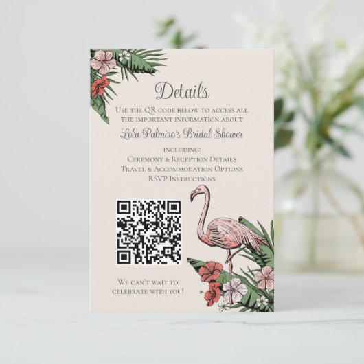 Hand-Drawn Tropical Flamingo QR Code Wedding Card エンクロージャーカード (スタンド正面)
