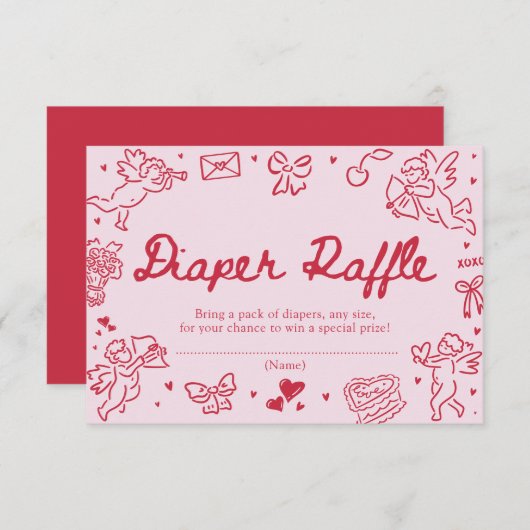 Hand Drawn Valentine Baby Shower Diaper Raffle エンクロージャーカード (正面/裏面)