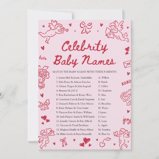 Hand Drawn Valentine Celebrity Baby Name Game 招待状 (正面)