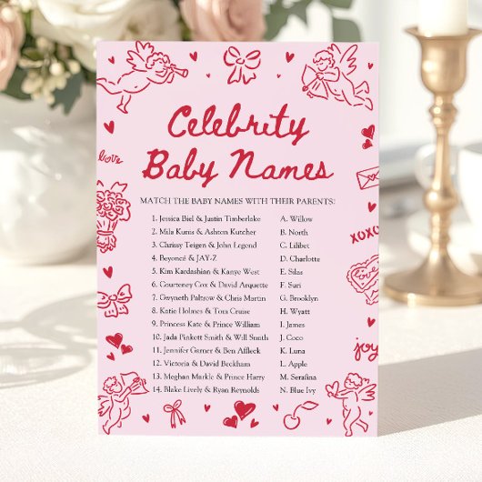 Hand Drawn Valentine Celebrity Baby Name Game 招待状
