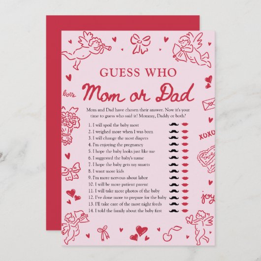 Hand Drawn Valentine Guess Who Mom or Dad Game 招待状 (正面/裏面)