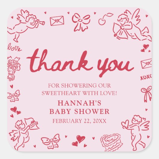 Hand Drawn Valentine Little Sweetheart Baby Shower スクエアシール (正面)
