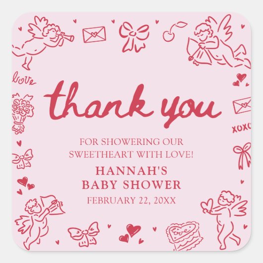 Hand Drawn Valentine Little Sweetheart Baby Shower スクエアシール (正面)