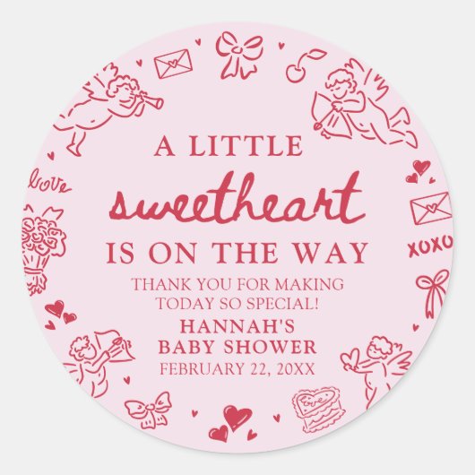 Hand Drawn Valentine Little Sweetheart Baby Shower ラウンドシール (正面)