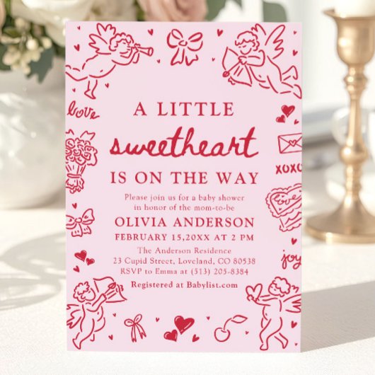 Hand Drawn Valentine Little Sweetheart Baby Shower 招待状