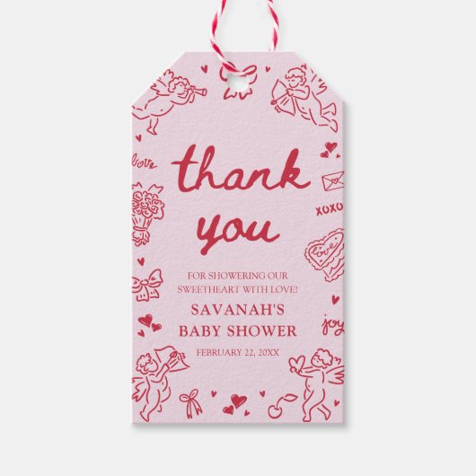 Hand Drawn Valentine Little Sweetheat Baby Shower ギフトタグ (正面)