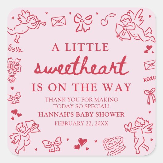 Hand Drawn Valentine Little Sweetheat Baby Shower スクエアシール (正面)