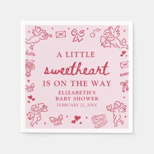 Hand Drawn Valentine Little Sweetheat Baby Shower スタンダードカクテルナプキン (正面)