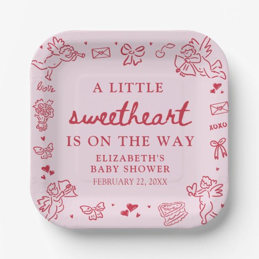 Hand Drawn Valentine Little Sweetheat Baby Shower ペーパープレート (正面)