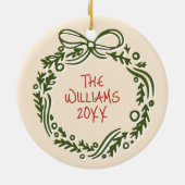Hand-Drawn Vintage Inspired Christmas Wreath セラミックオーナメント (裏面)