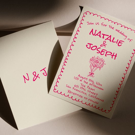 Hand Drawn Vivid Pink Retro Funky Quirky Wedding 招待状