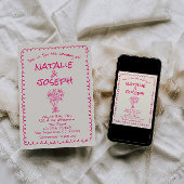 Hand Drawn Vivid Pink Retro Funky Quirky Wedding 招待状